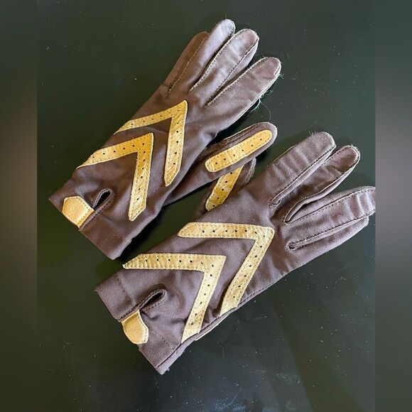 Vintage Aris Isotoner Brown Fleece Lined Gloves Suede Tan Trim Womens One Size - Picture 1 of 6